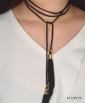 Naszyjnik choker czarny rzemyk z chwostami i złotymi dodatkami DIA-NSZ-0079-CZARNY. Ciekawy, oryginalny naszyjnik choker to dodatek idealny na lato. Choker to  (4).JPG